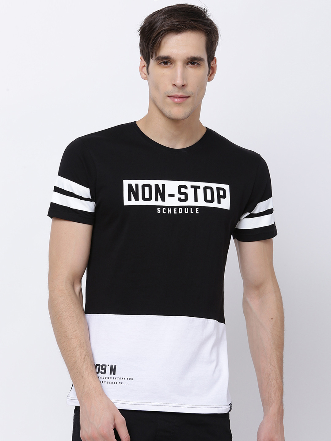 Buy LOCOMOTIVE Men Black & White Striped & Printed Slim Fit T Shirt