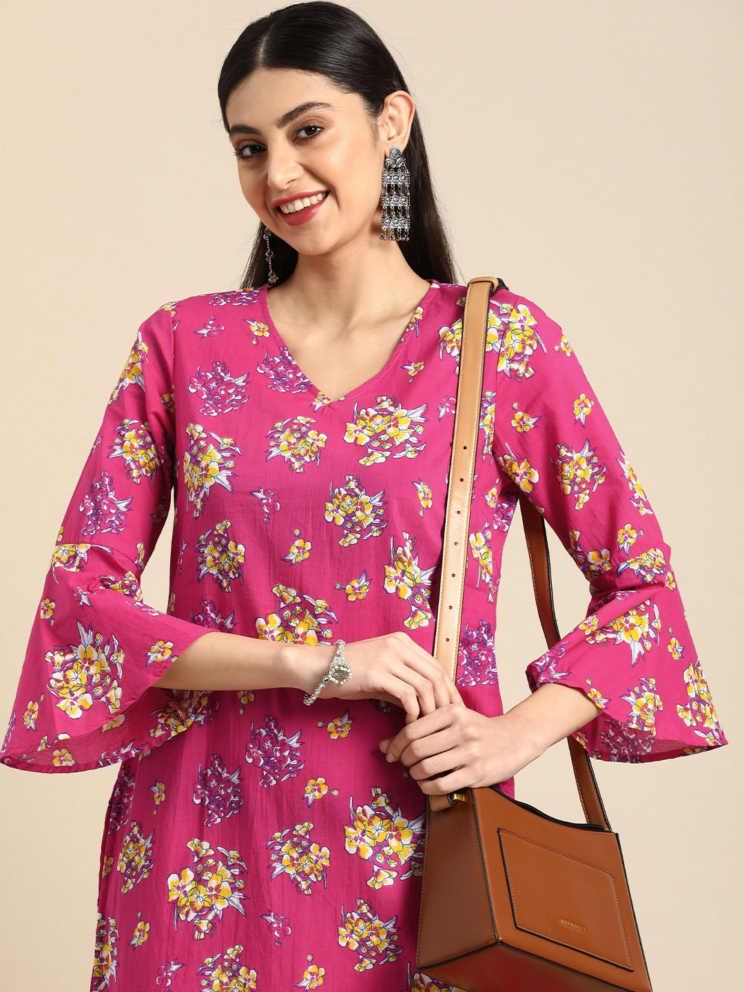 Anouk Beige Kalamkari Printed Halter Neck Pure Cotton A-Line Kurta With Palazzos