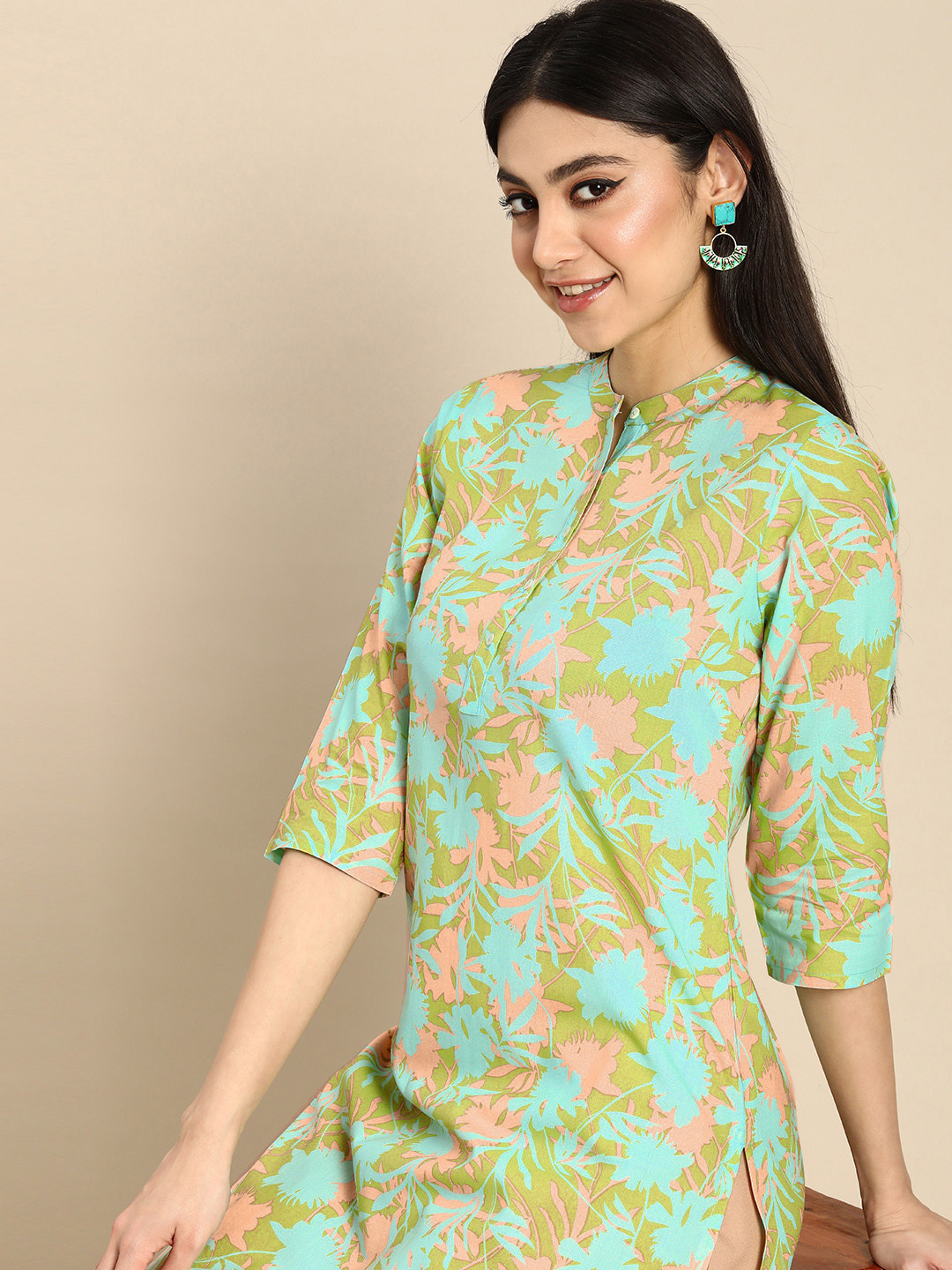 Women's Straight Kurti Dress – Ethnic Band Collar, Printed Cotton Kurta With 3/4 Sleeves - View #3