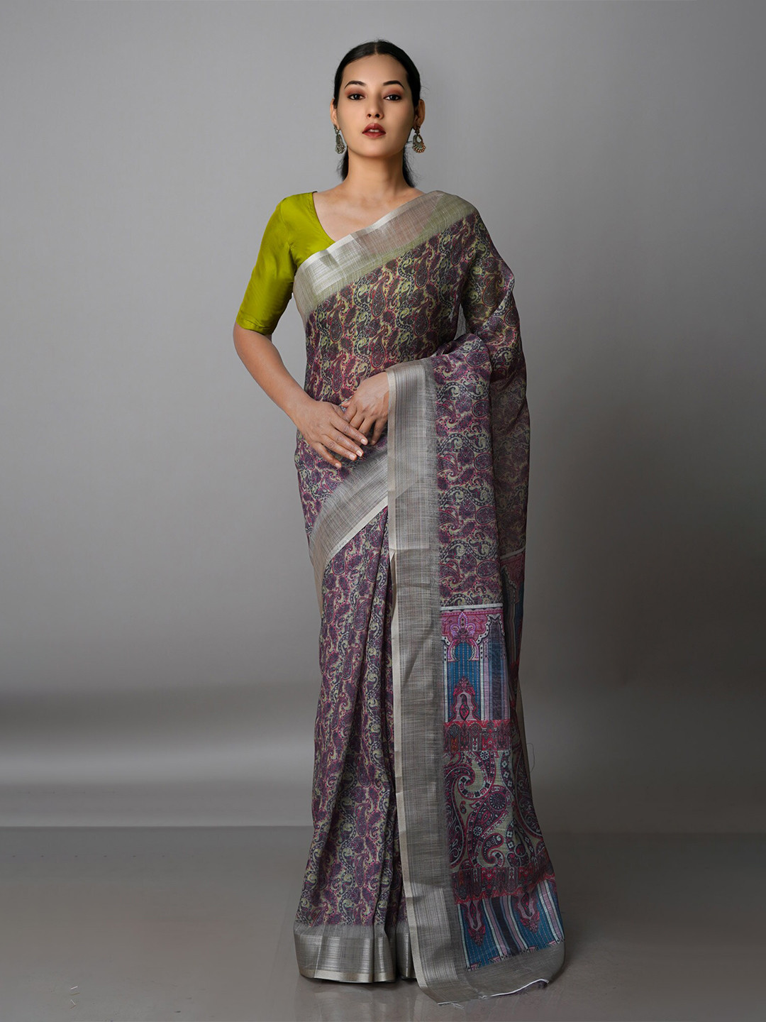 Buy Unnati Silks Olive Green Silver Toned Ethnic Motifs Zari Linen