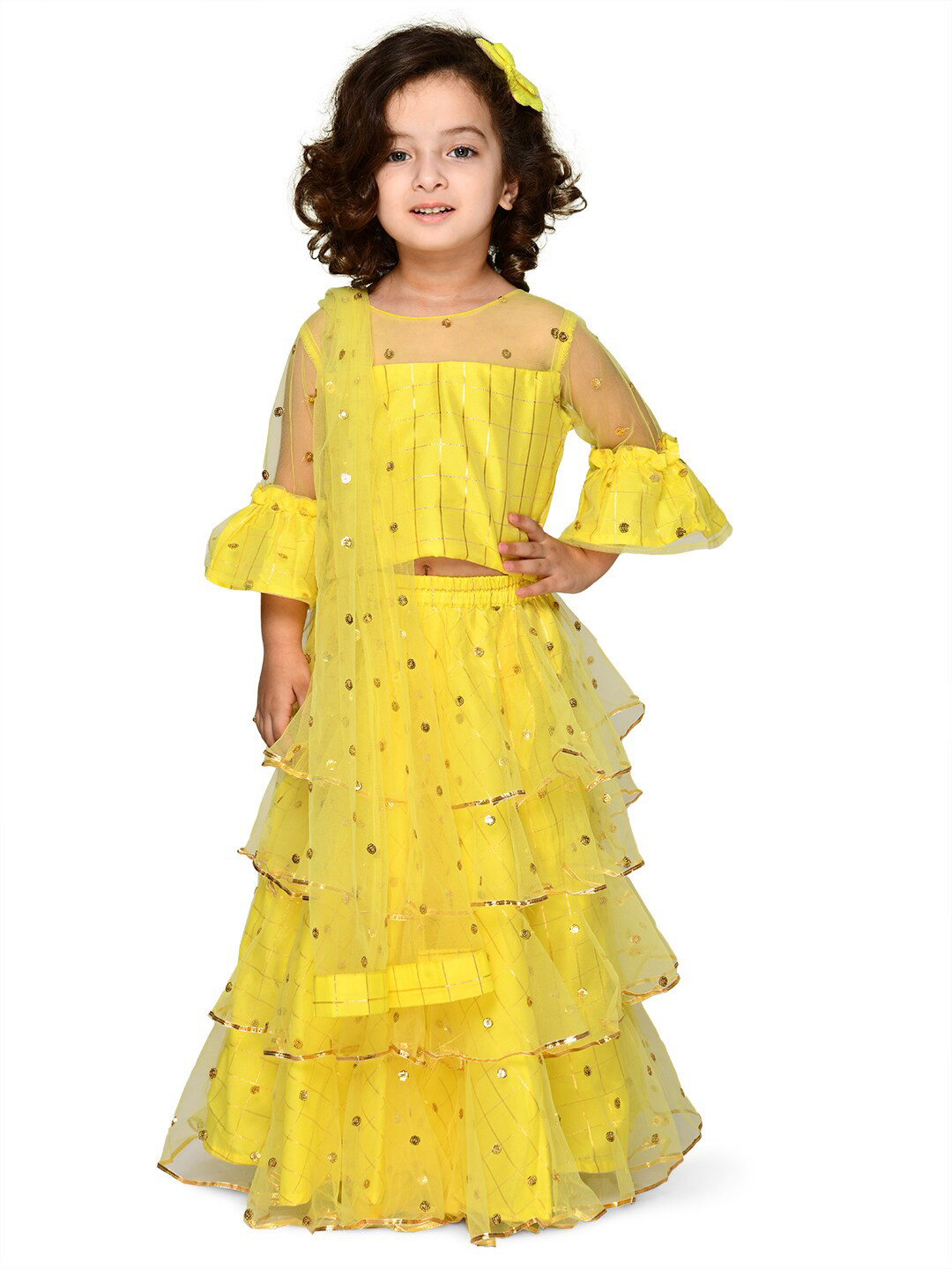 Girls Red & Yellow Printed Ready To Wear Lehenga & Blouse With Dupatta main image 0