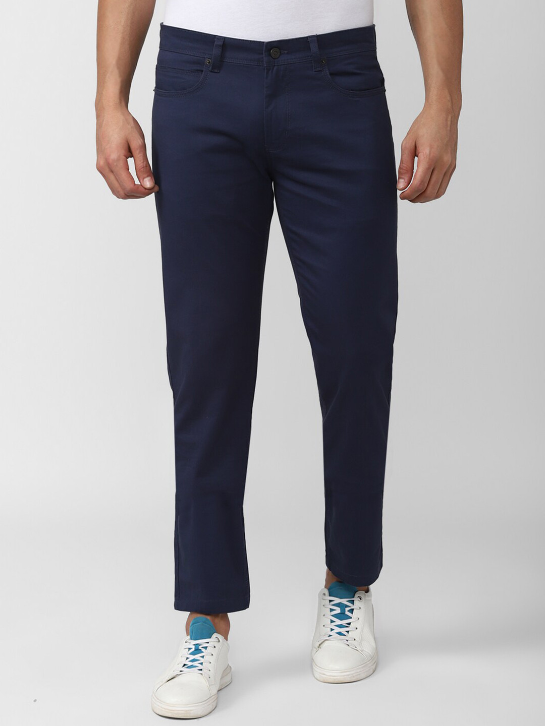 Buy Peter England Casuals Men Navy Blue Slim Fit Cotton Chinos Trousers ...