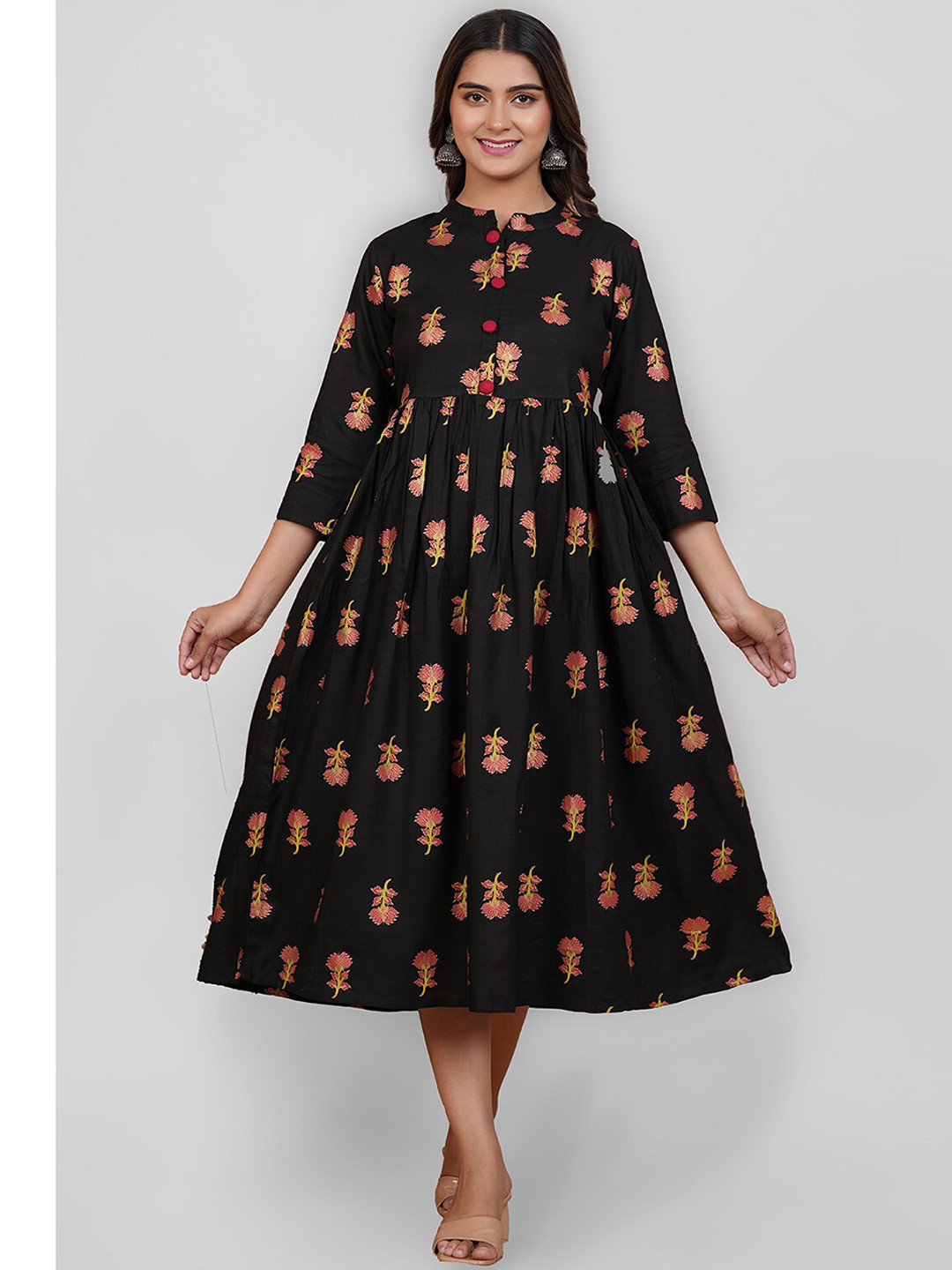 Buy KALINI Floral Foil Printed Mandarin Collared Anarkali Kurta