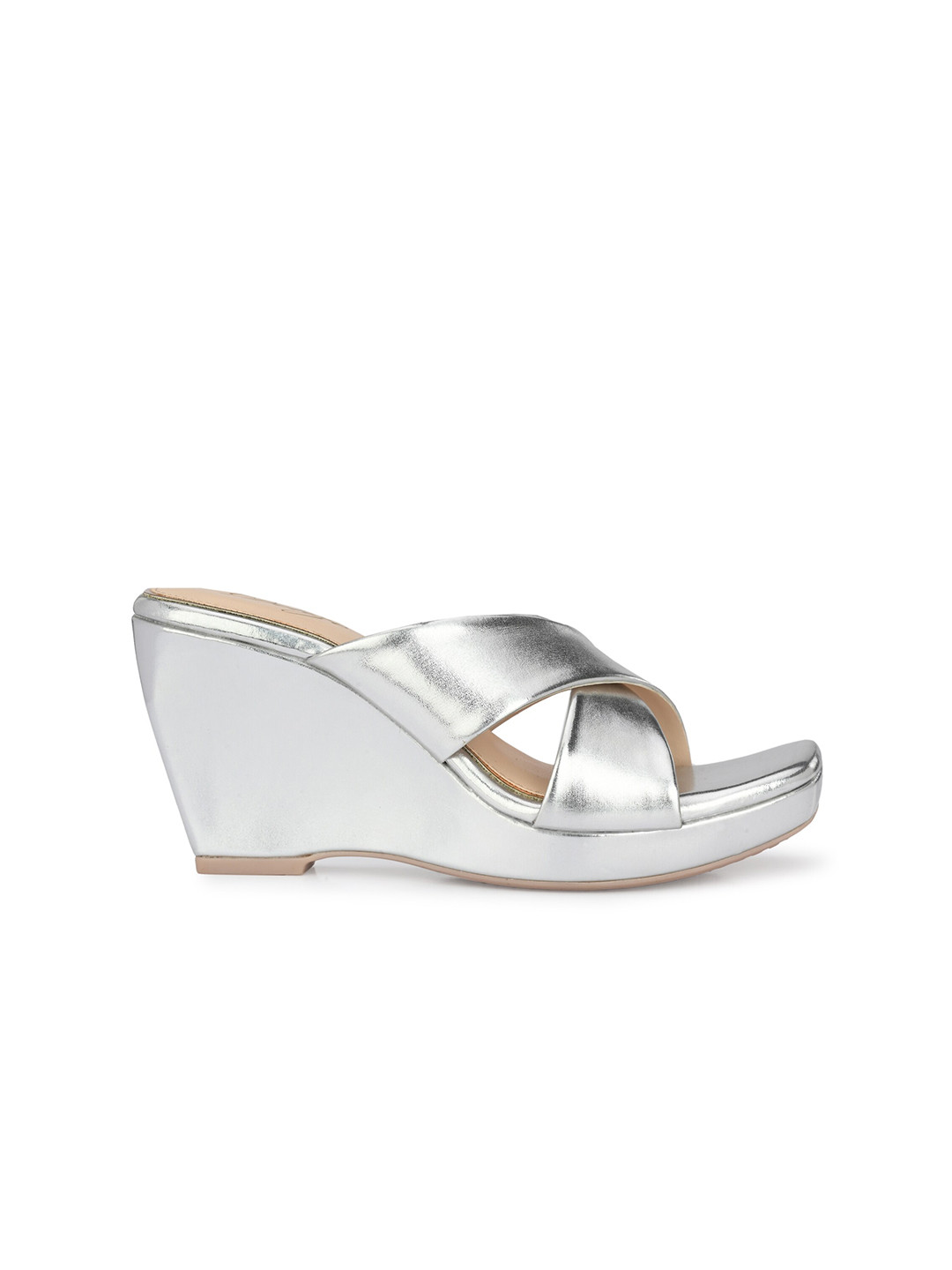 Buy Delize Silver Toned Vegan Leather Cross Strap Party Wedge Sandals
