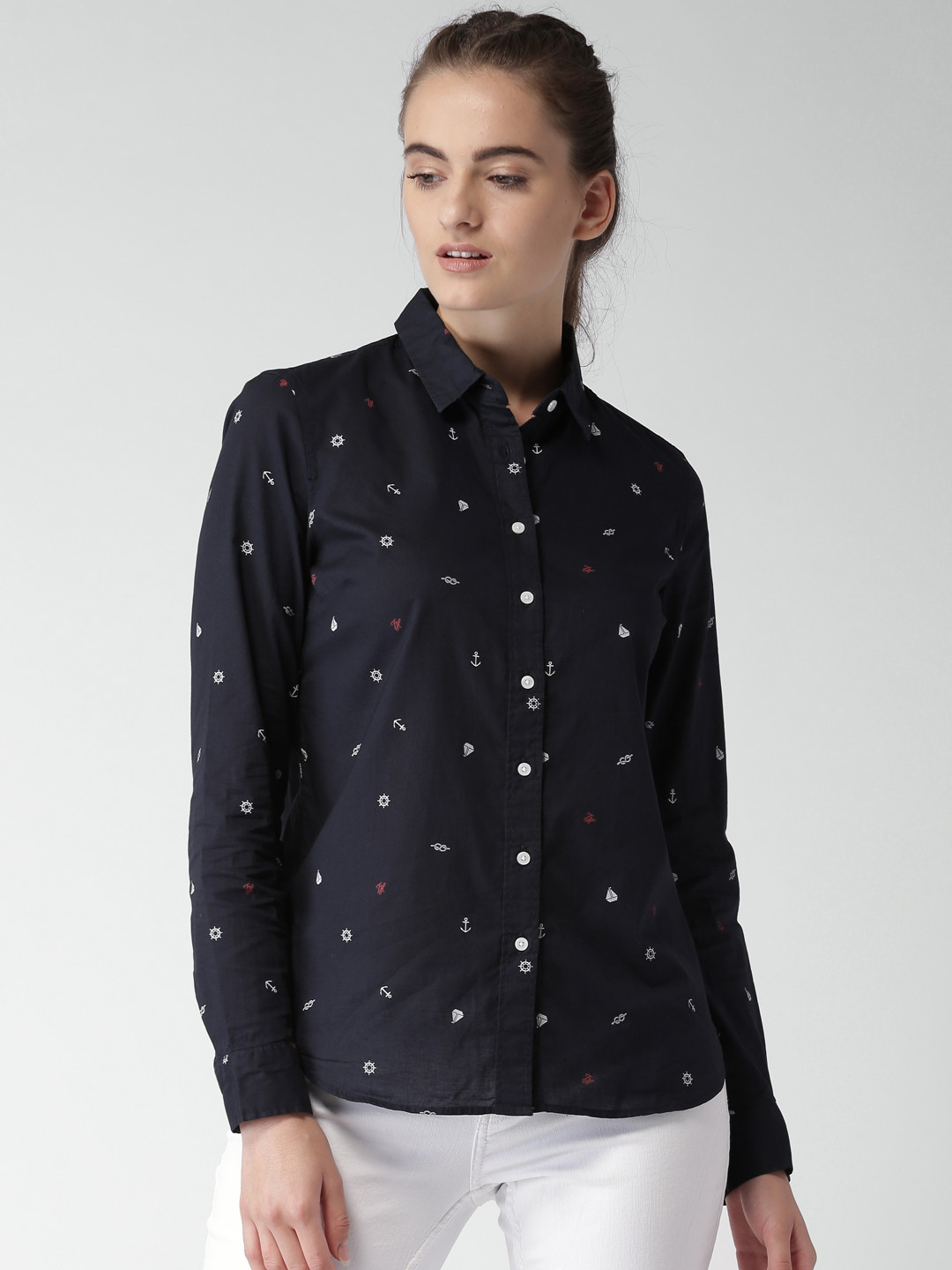 Buy Tommy Hilfiger Women Navy Blue Relaxed Regular Fit Printed Casual