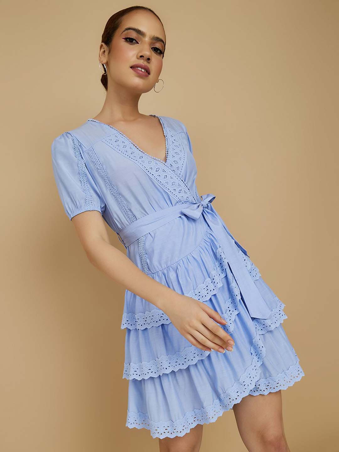 Girls Self Design V-Neck Sheen Layered Wrap Dress main image 0
