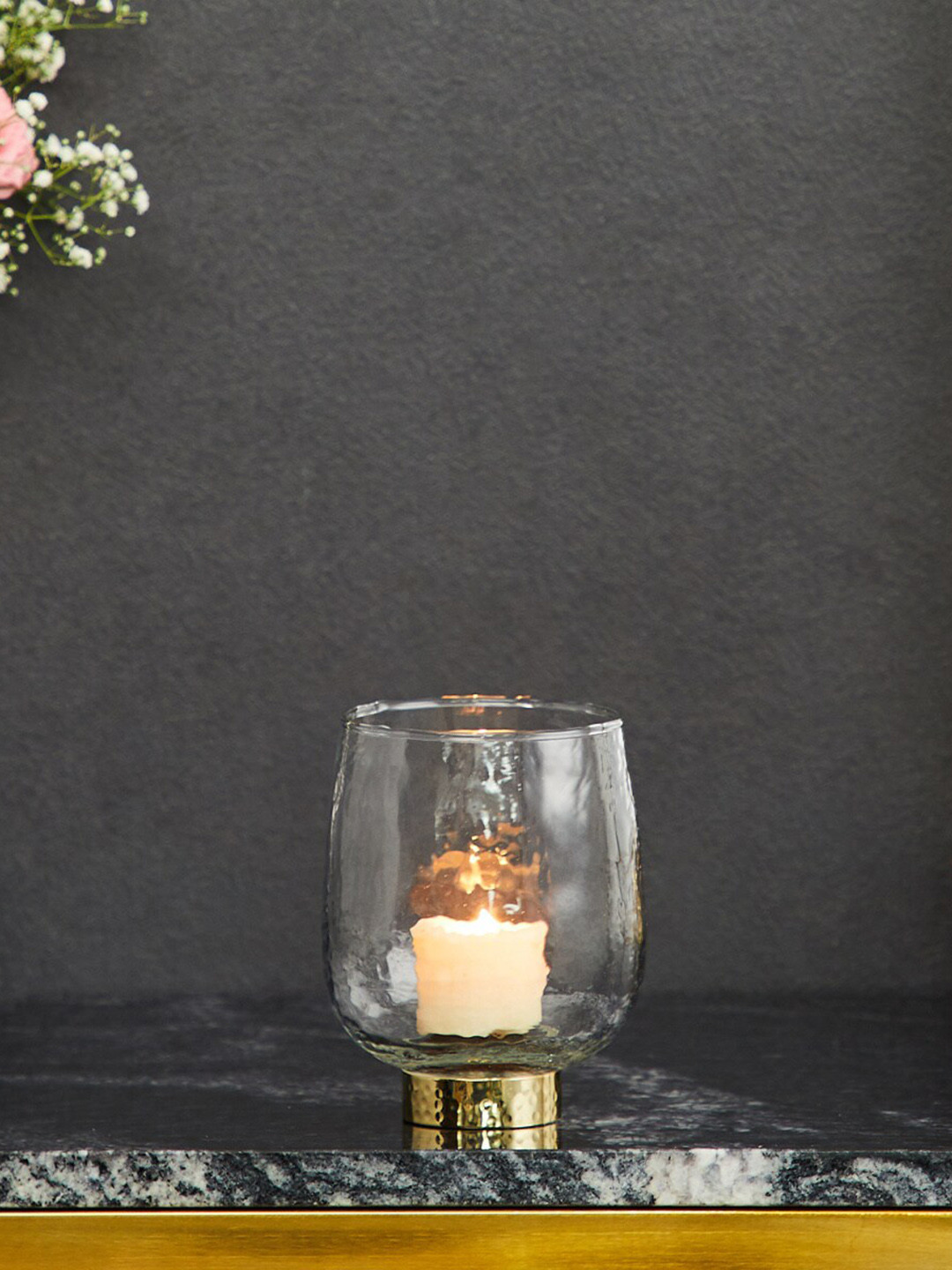Buy Home Centre Modern Luxe Transparent & Gold Toned Hammered Glass Candle Holder Candle