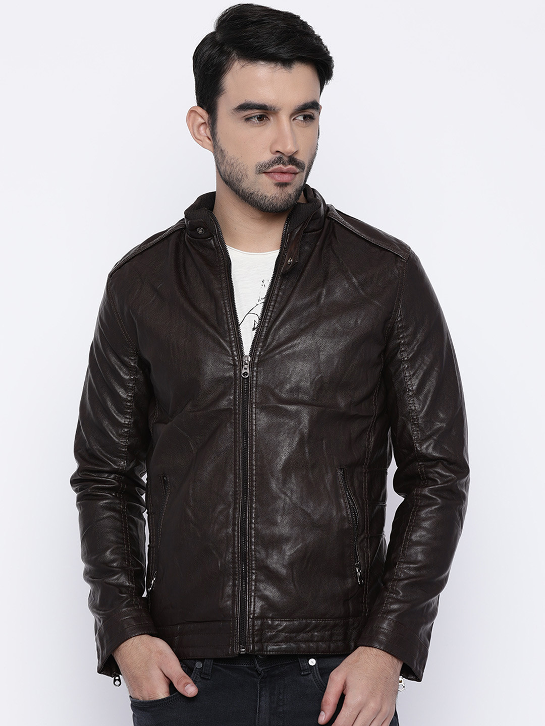 Buy The Indian Garage Co Men Coffee Brown Solid Biker Jacket - Jackets for Men 2104020 | Myntra