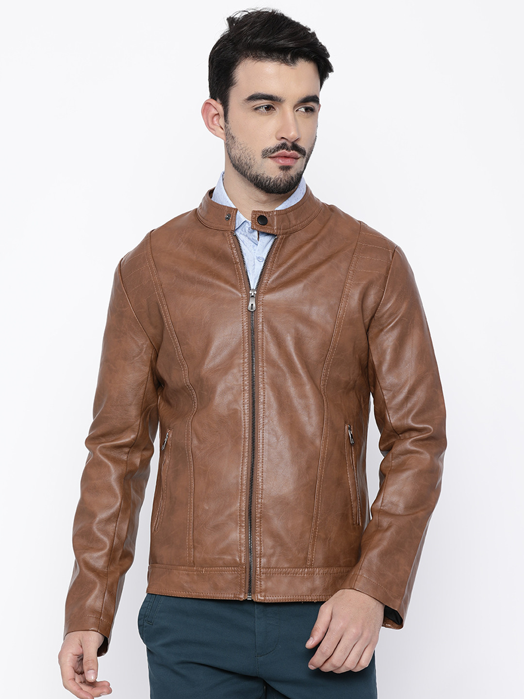 Buy The Indian Garage Co Men Brown Solid Biker Jacket - Jackets for Men 2104035 | Myntra