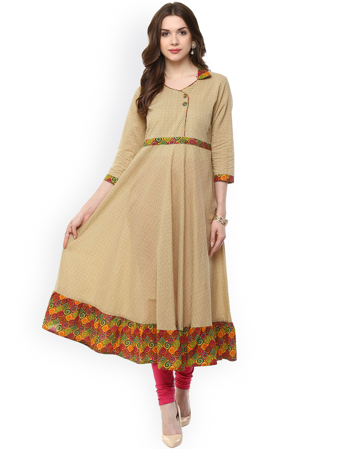 Beige Printed Sleeveless Cotton Anarkali Kurta main image 1