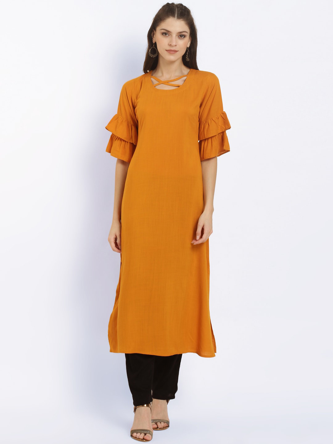 Buy Ives Women Yellow Flared Sleeves Kurta Kurtas for Women 21046676