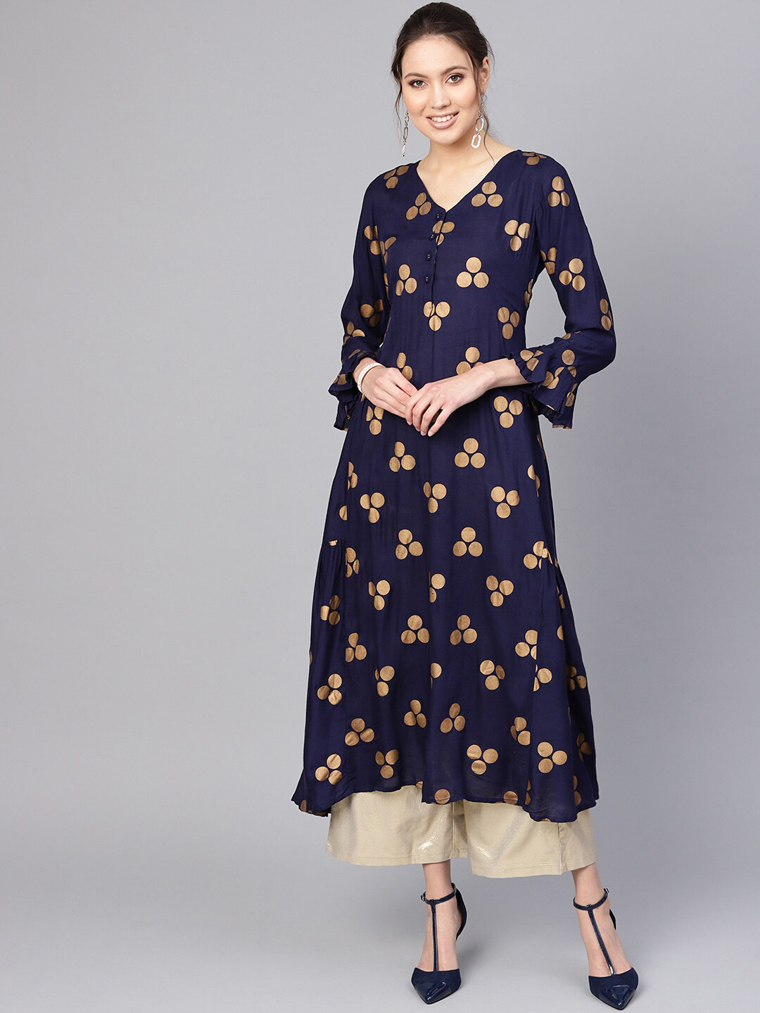 Buy Ives Geometric Printed Bell Sleeves A Line Kurta Kurtas for Women
