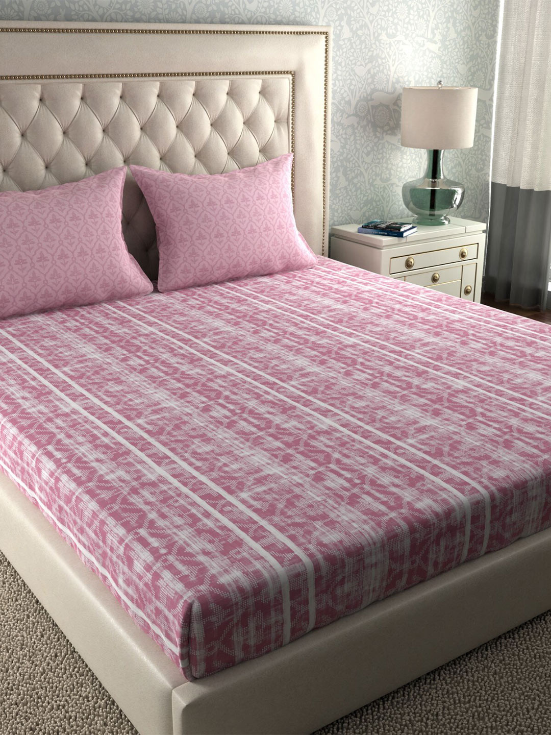 Buy MYTRIDENT Pink White 120 TC Cotton Queen Bedsheet With 2 Pillow