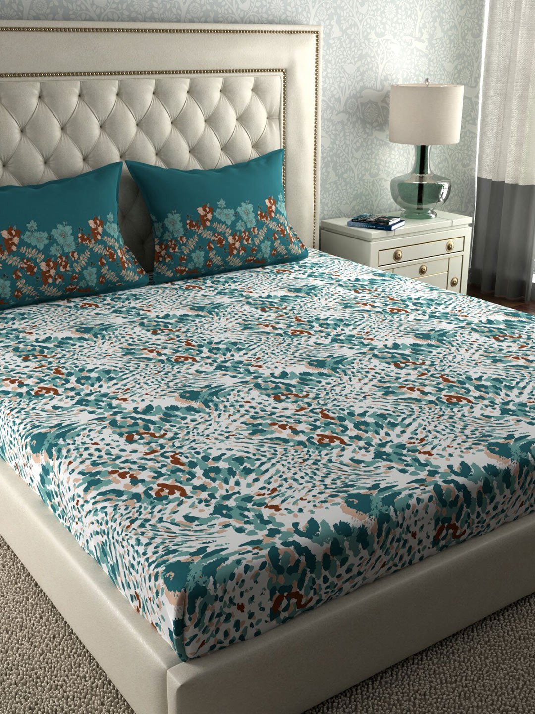 Buy MYTRIDENT Blue White 120 TC Cotton Queen Bedsheet With 2 Pillow