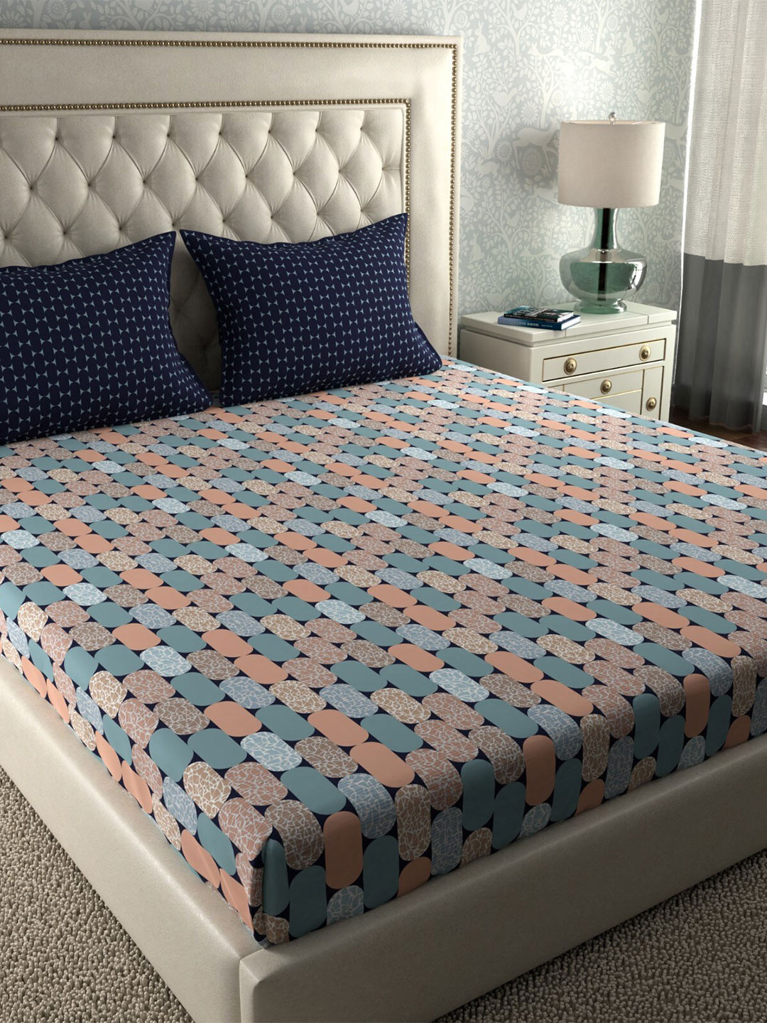 Buy Trident Simply Modern Geometric 120 TC Cotton Queen Bedsheet With 2