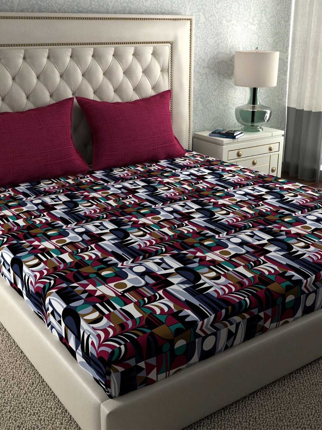 Buy Trident Black & Brown Geometric 120 TC Cotton Queen Bedsheet With 2