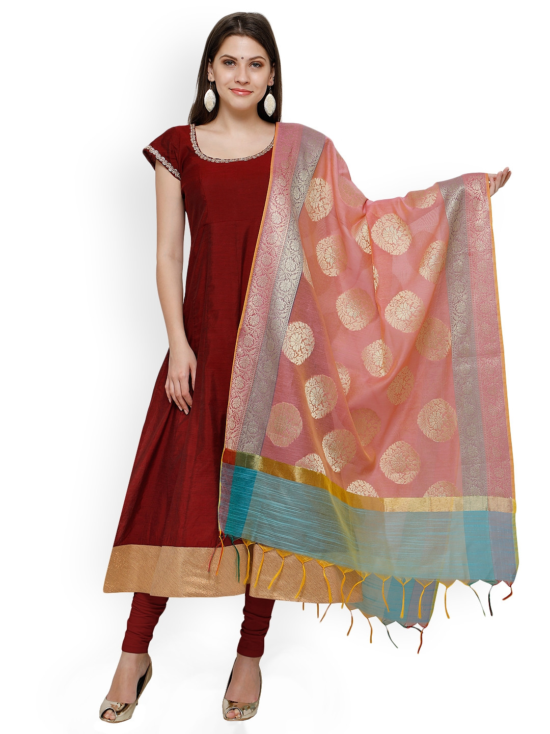 Buy Inddus Maroon Chanderi Cotton Unstitched Dress Material Dress