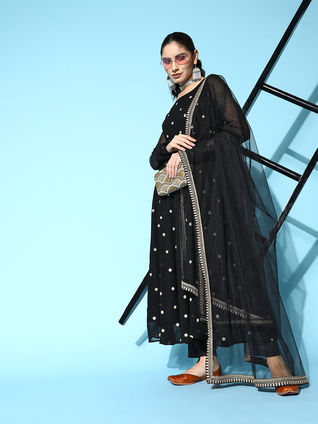 Women Brown Embroidered Regular Kurta With Trousers & With Dupatta