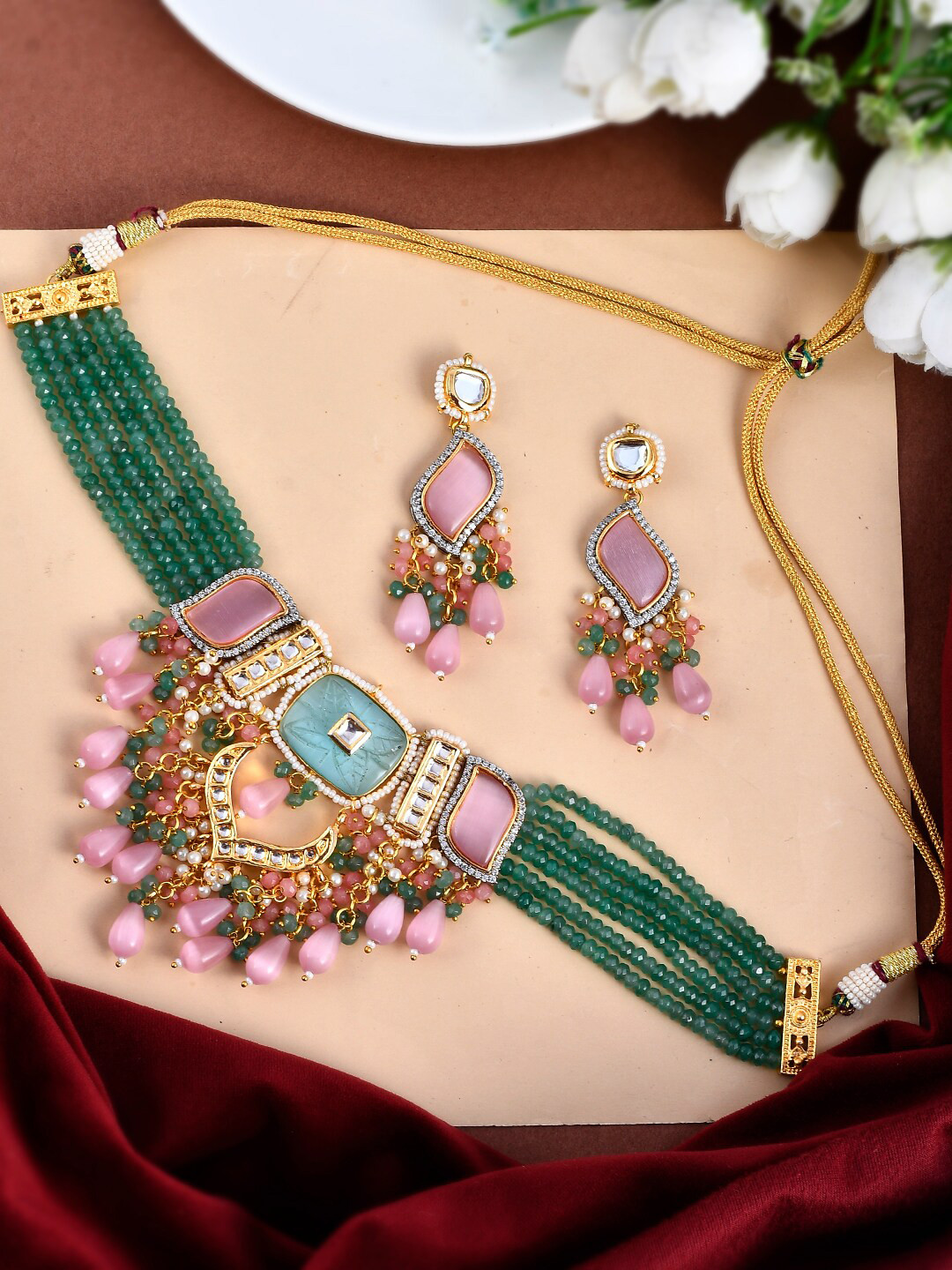 Buy DASTOOR Gold Plated Kundan Studded & Beaded Jewellery Set Jewellery Set for Women 21054132