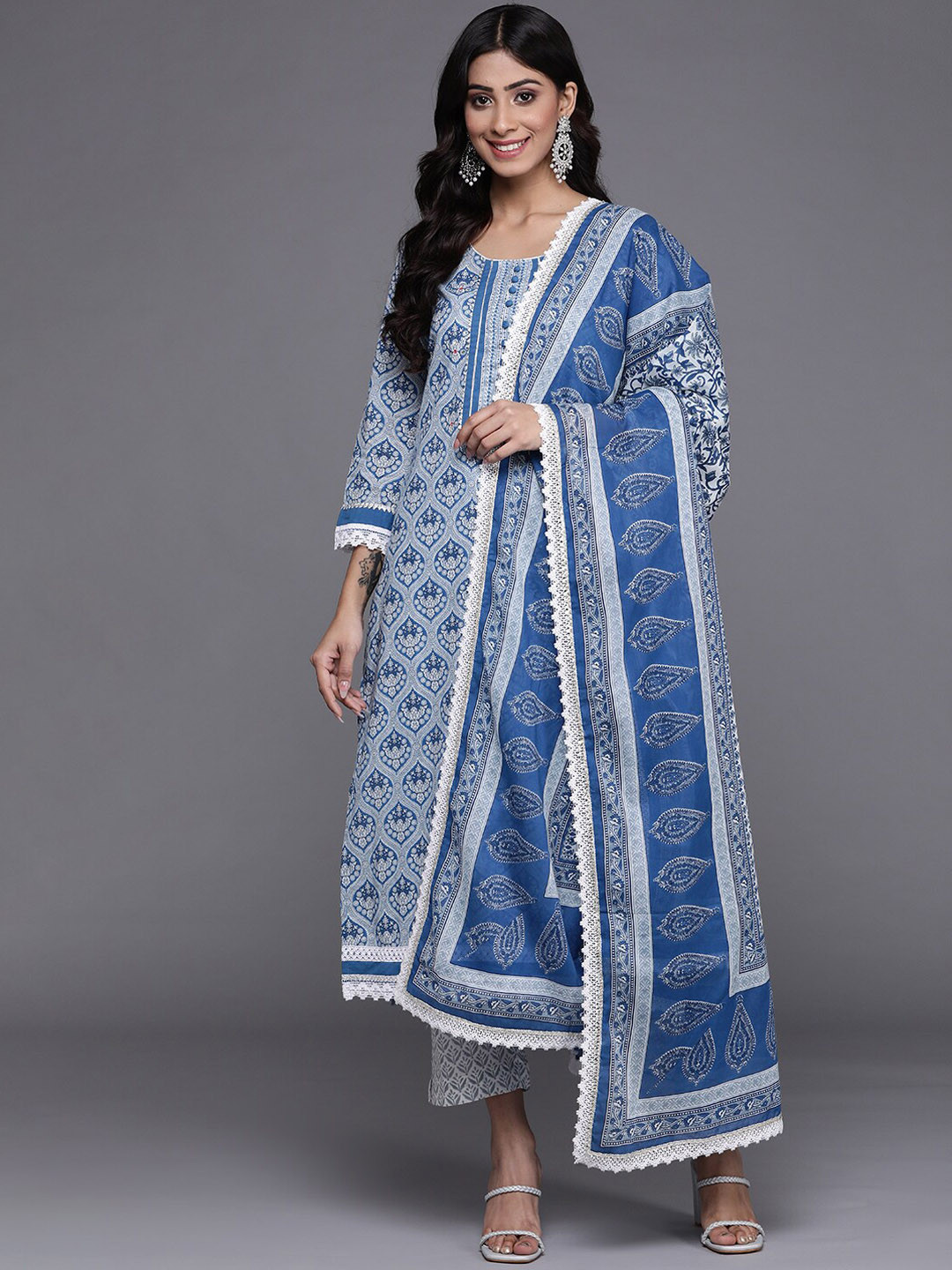 Navy Blue Printed Kurta with Trousers & Dupatta – Ethnic Wear for Boys | Festive & Wedding Outfit