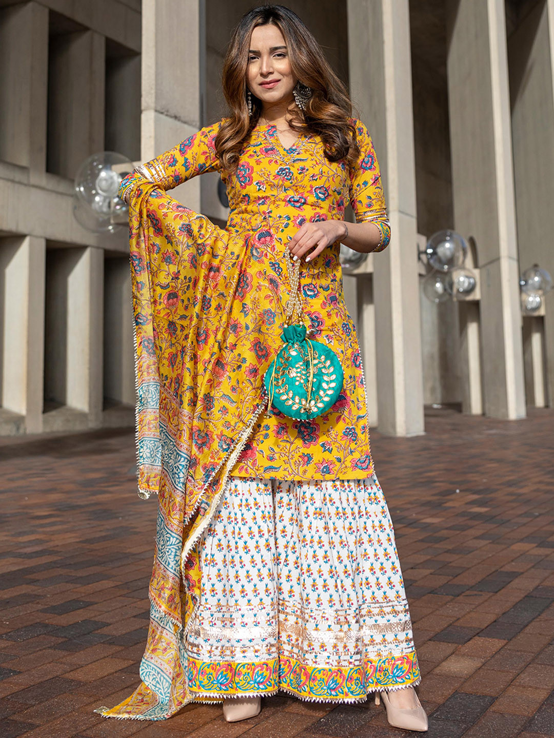 Buy AACHHO Women Yellow Goldfinch Handblock Sharara Set - Kurta Sets ...