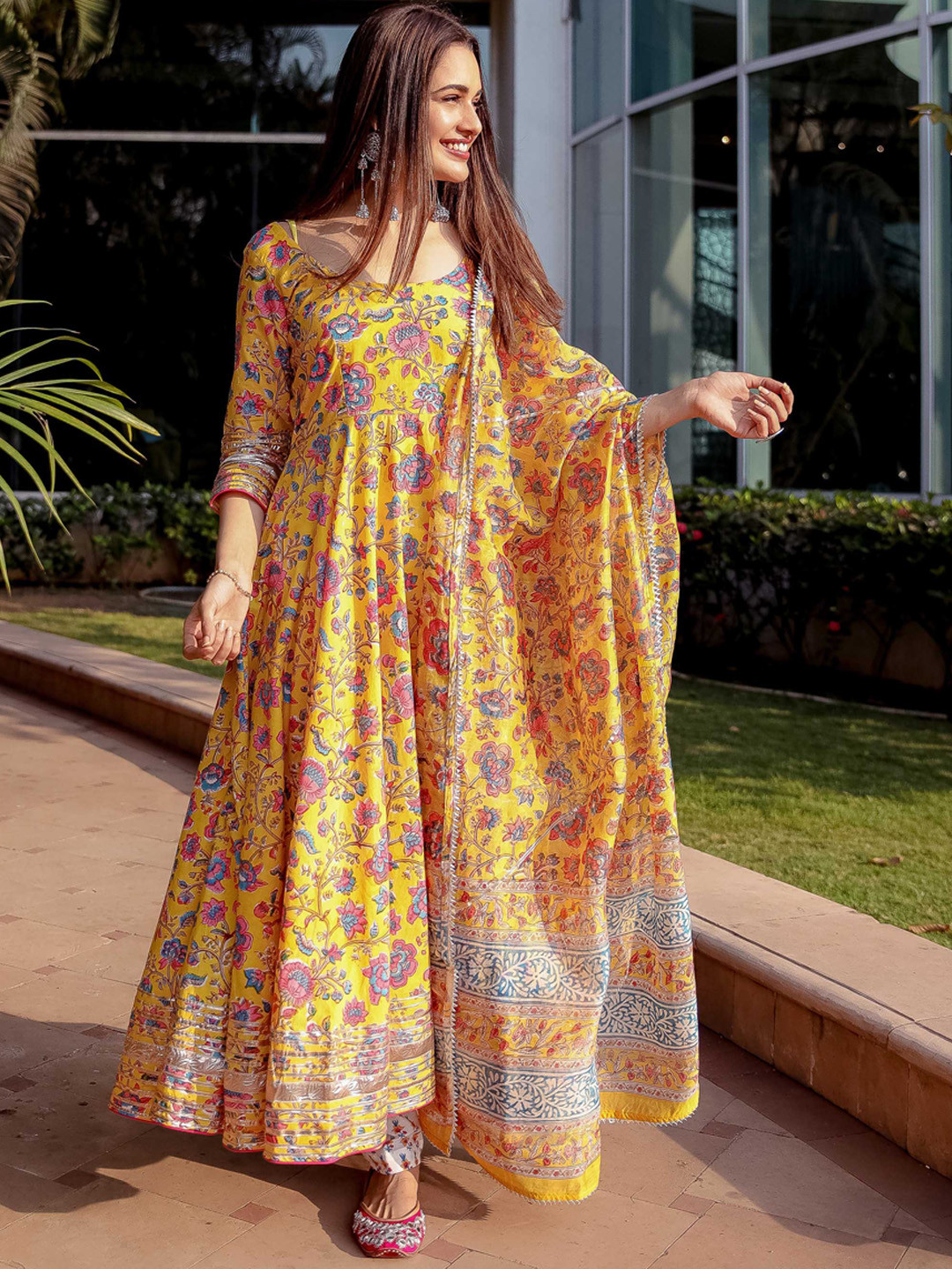 Yellow Kalamkari Cotton Kurta Set Floral Design with Coordinated Dupatta main image 1