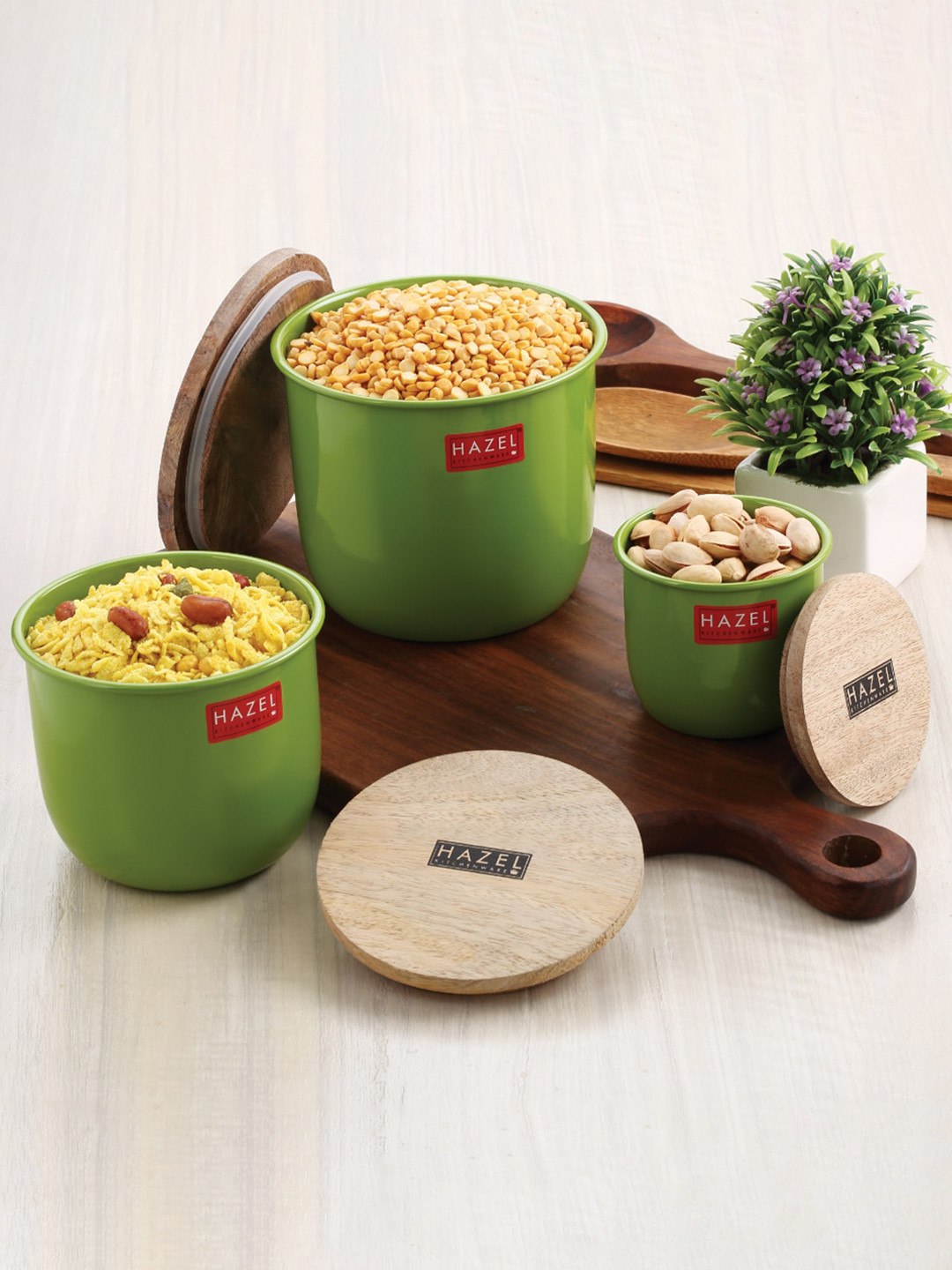 Buy HAZEL Set Of 3 Green Airtight Kitchen Container With Lid