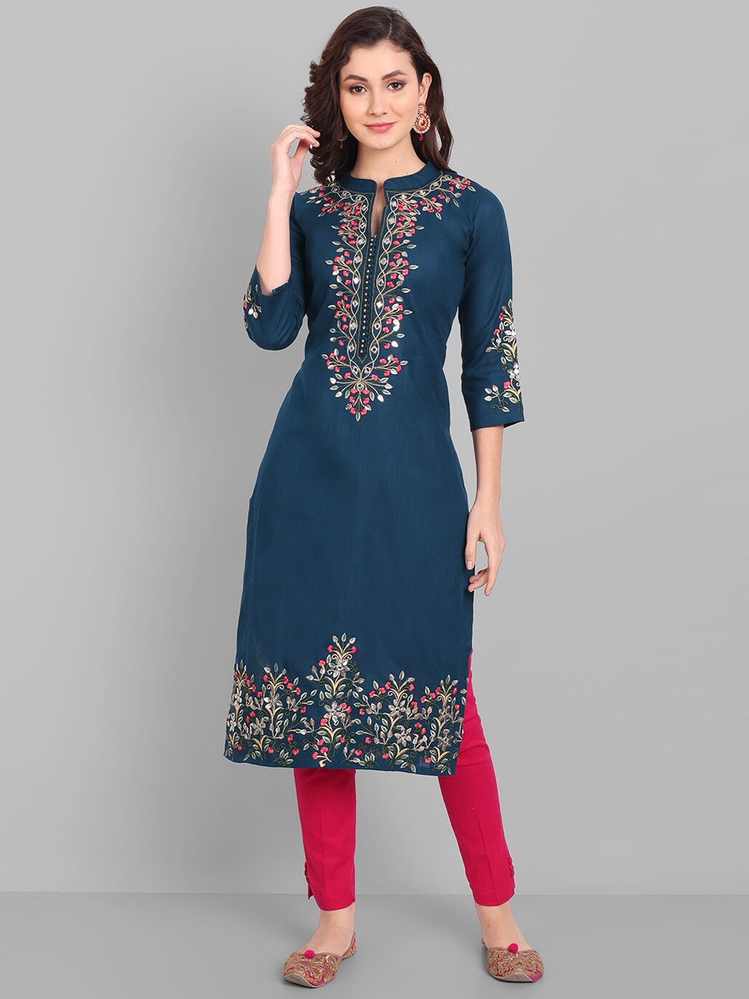 Buy Pakiza Mandarin Collar Floral Embroidered Cotton Kurta - Kurtas for ...
