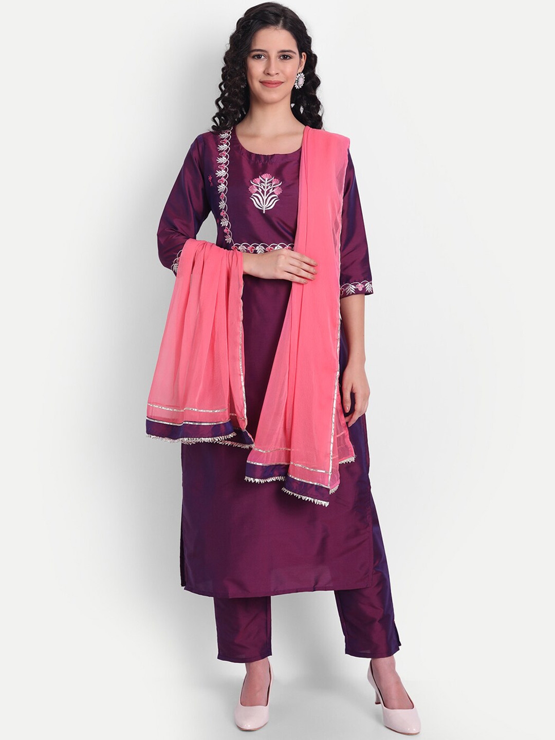 Buy V TRADITION Women Ethnic Motifs Embroidered Kurta With Trousers ...