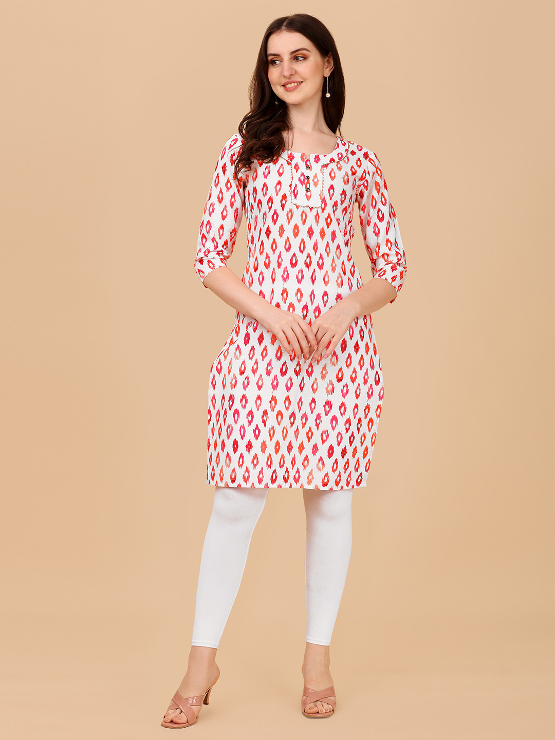 Women Off White Geometric Printed Kurta With Comfort Pant