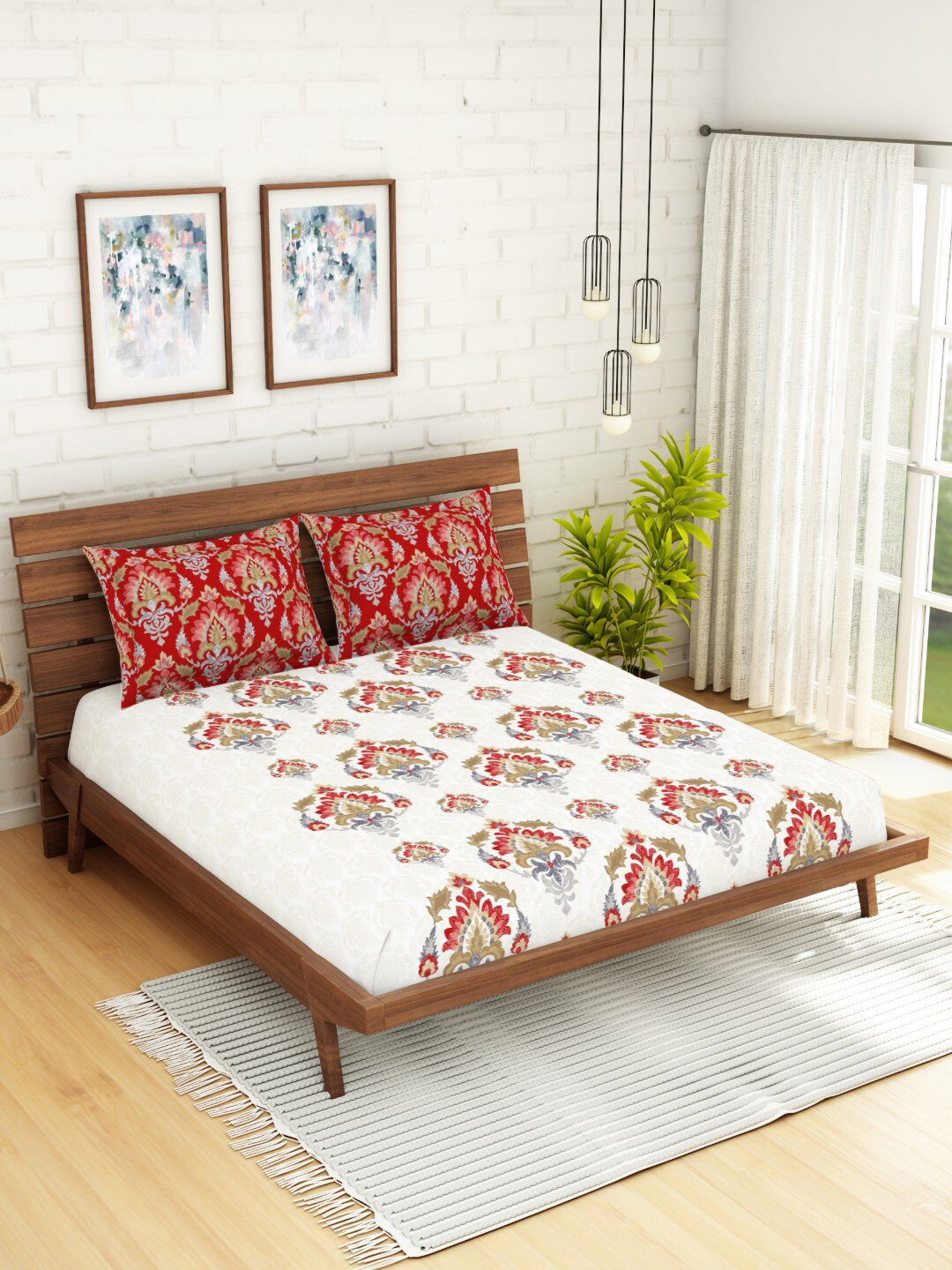 Buy SPACES ATRIUM White & Beige Geometric 144 TC Cotton Queen Bedsheet