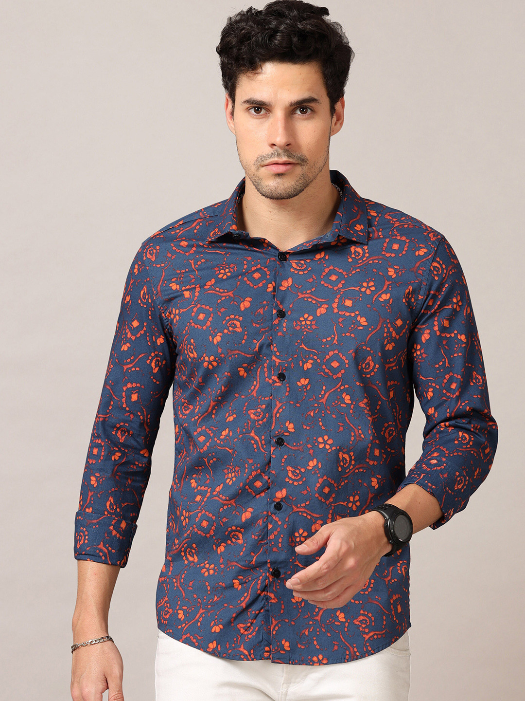 Men's Navy Blue Classic Floral Printed Cotton Casual Shirt