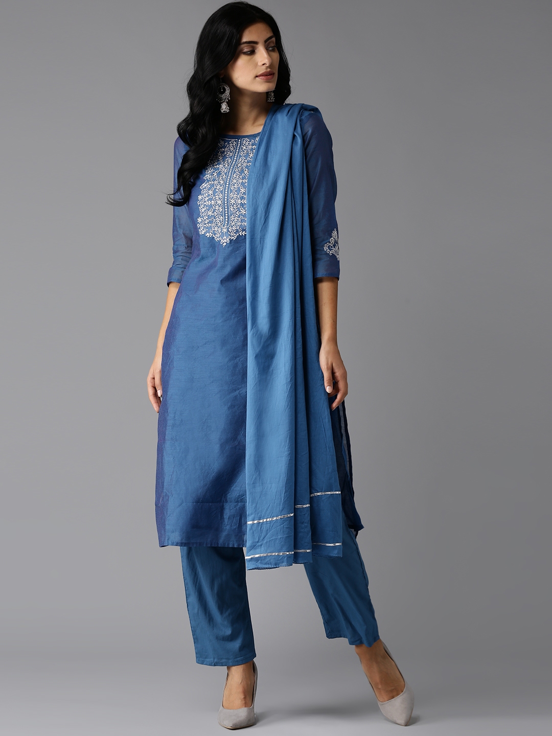 Buy Moda Rapido Women Blue Embroidered Kurta With Trousers & Dupatta ...