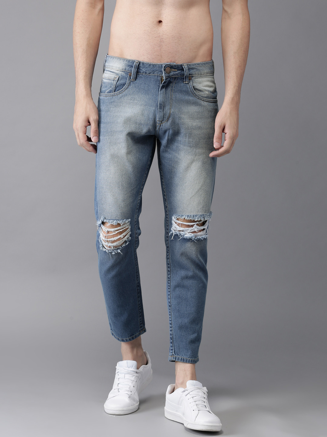 Buy HERE&NOW Men Blue Slim Tapered Fit Cropped Mid Rise Mildly