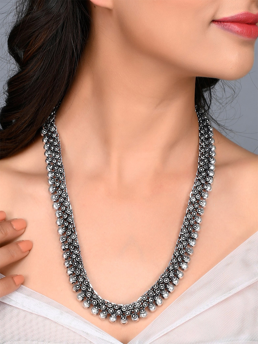 Buy AQUASTREET JEWELS Brass Silver Plated Long Oxidised Necklace