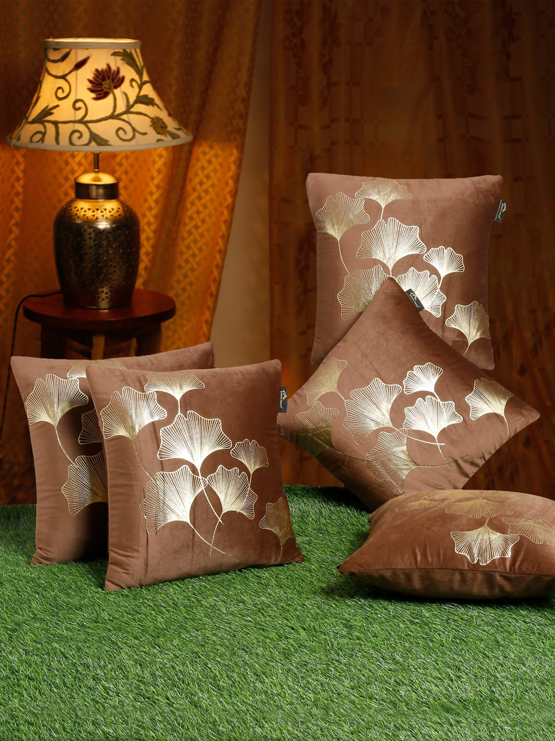 Buy HOSTA HOMES Brown & Gold Set Of 5 Floral Velvet Square Cushion