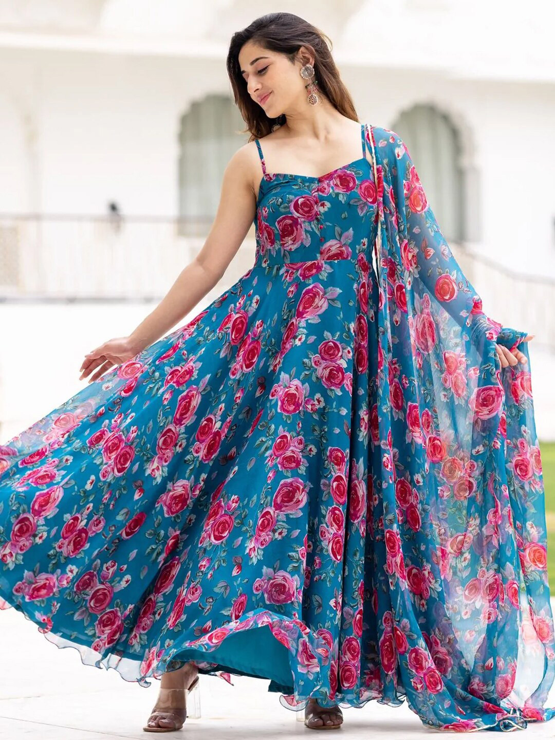 Women'S Powerblue Cambric Floral Printed Anarkali Kurta Sets
