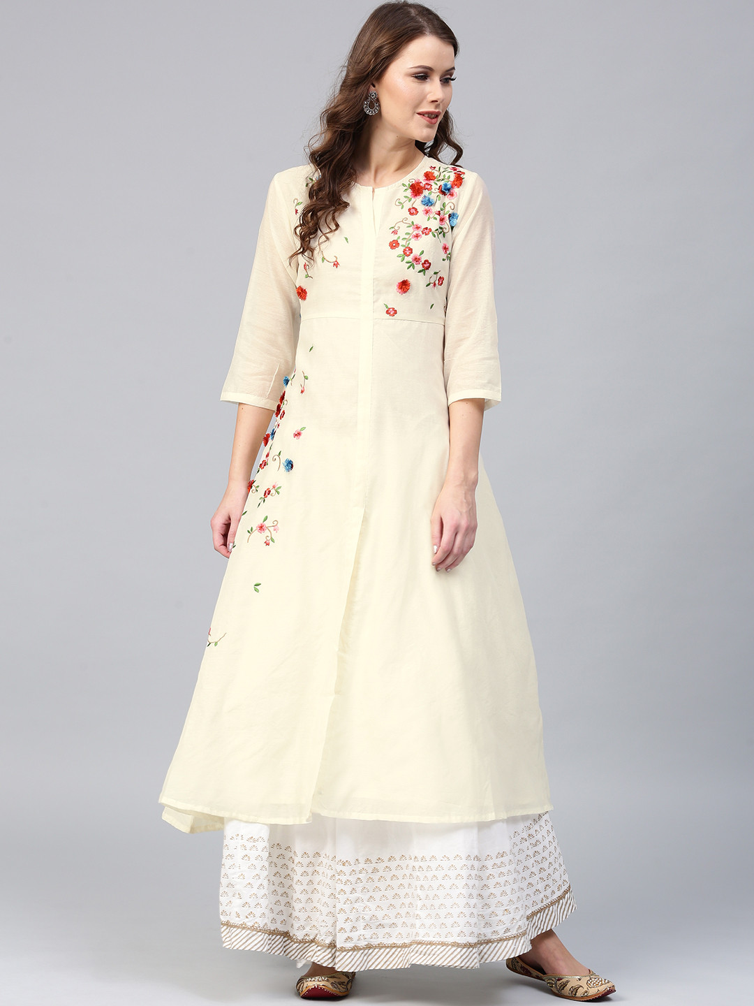 Buy AKS Women Cream Coloured Embroidered A Line Kurta Kurtas for