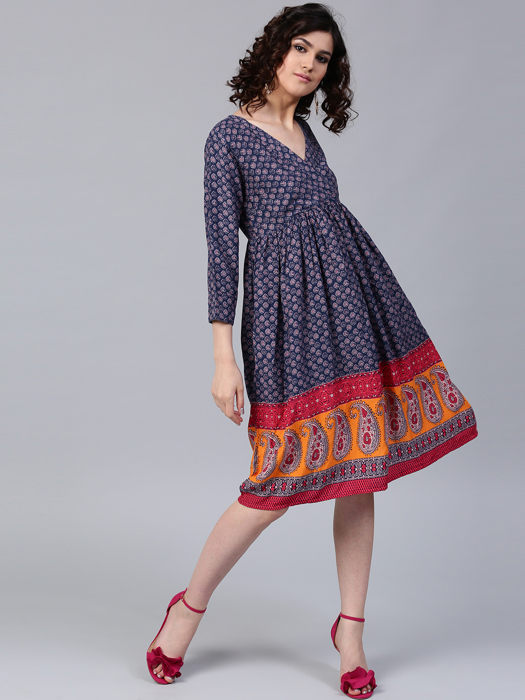 Buy AKS Women Navy Printed Empire Line Dress With Overlapping Detail