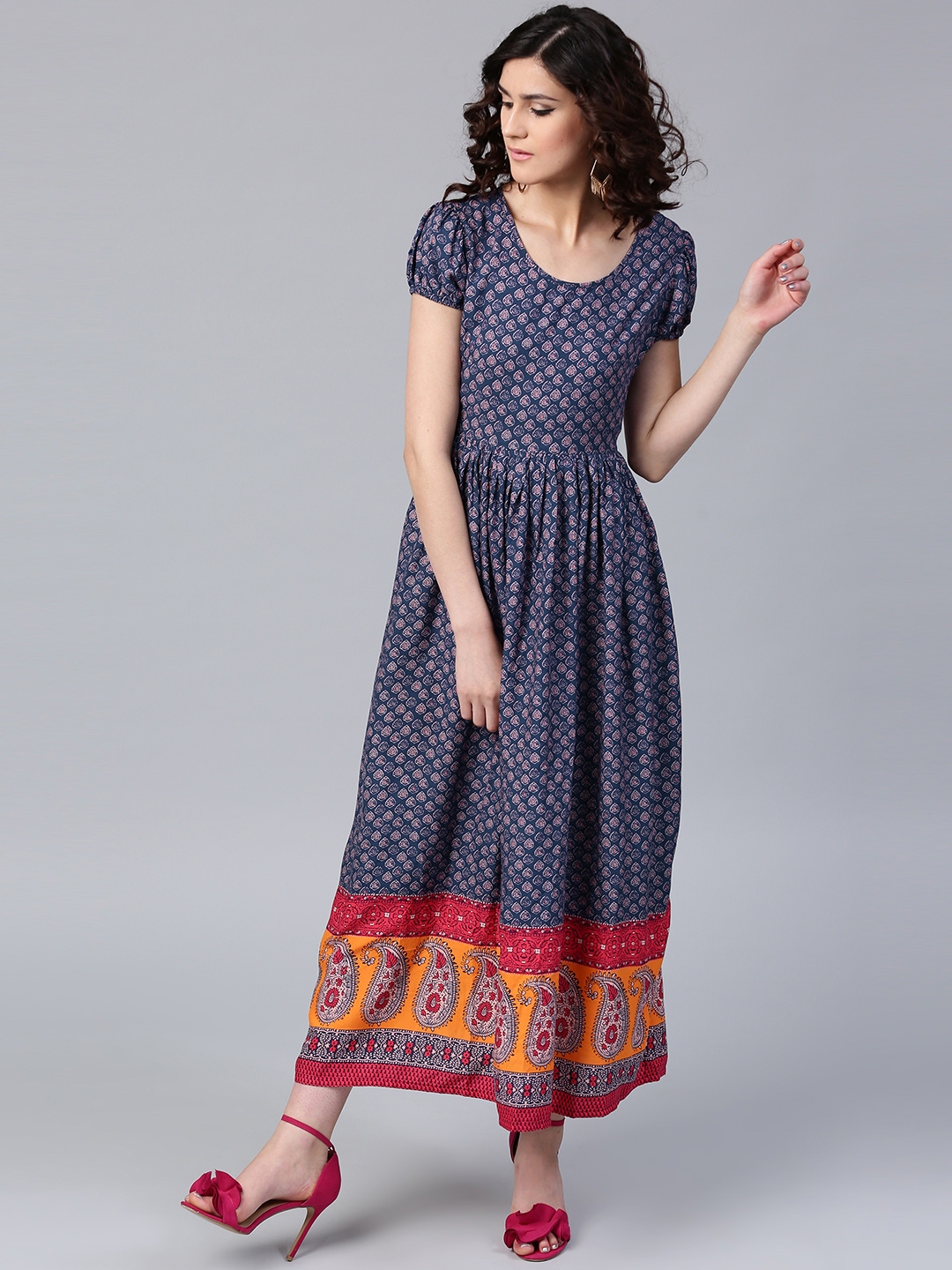 Buy Aks Women Blue Printed Maxi Dress Dresses For Women 2111455 Myntra 7367