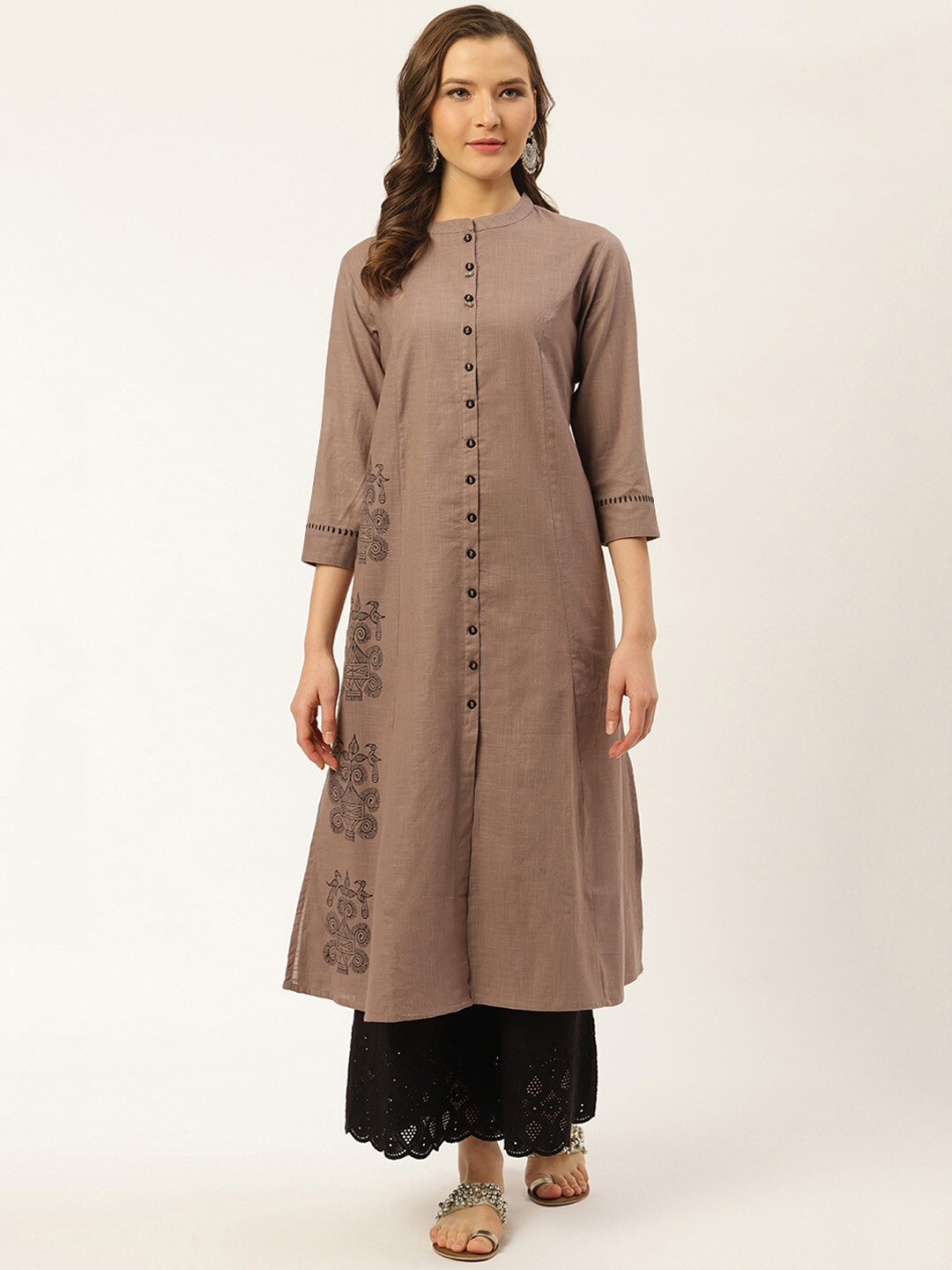 Black Ethnic Motifs Printed Thread Work Cotton Straight Kurta