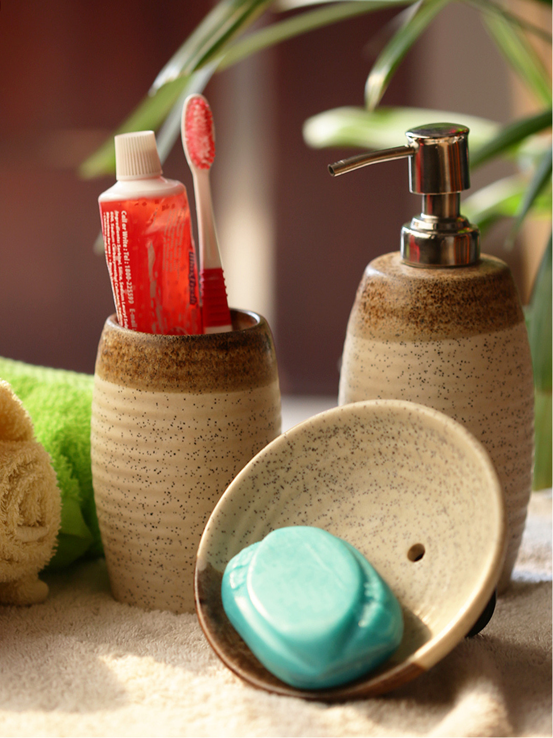 Buy ExclusiveLane Cream Coloured & Brown Set Of 3 Solid Ceramic Bath