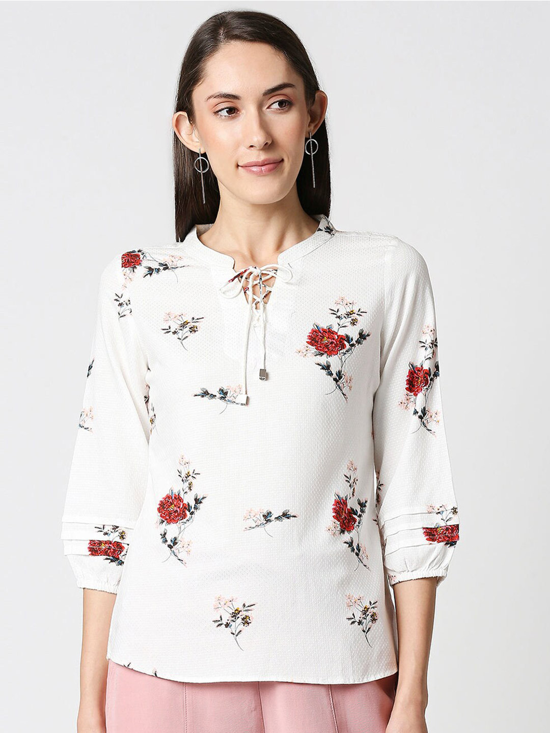 Women's Peach Print Tie-Up Neck Top