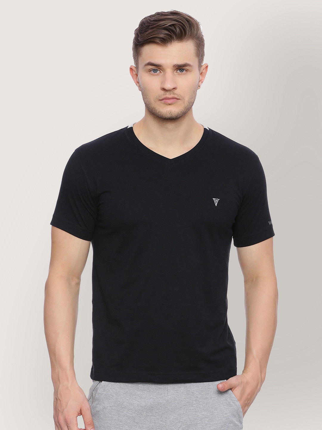 Buy Van Heusen Men Black Solid V Neck T Shirt Tshirts for Men 2113663