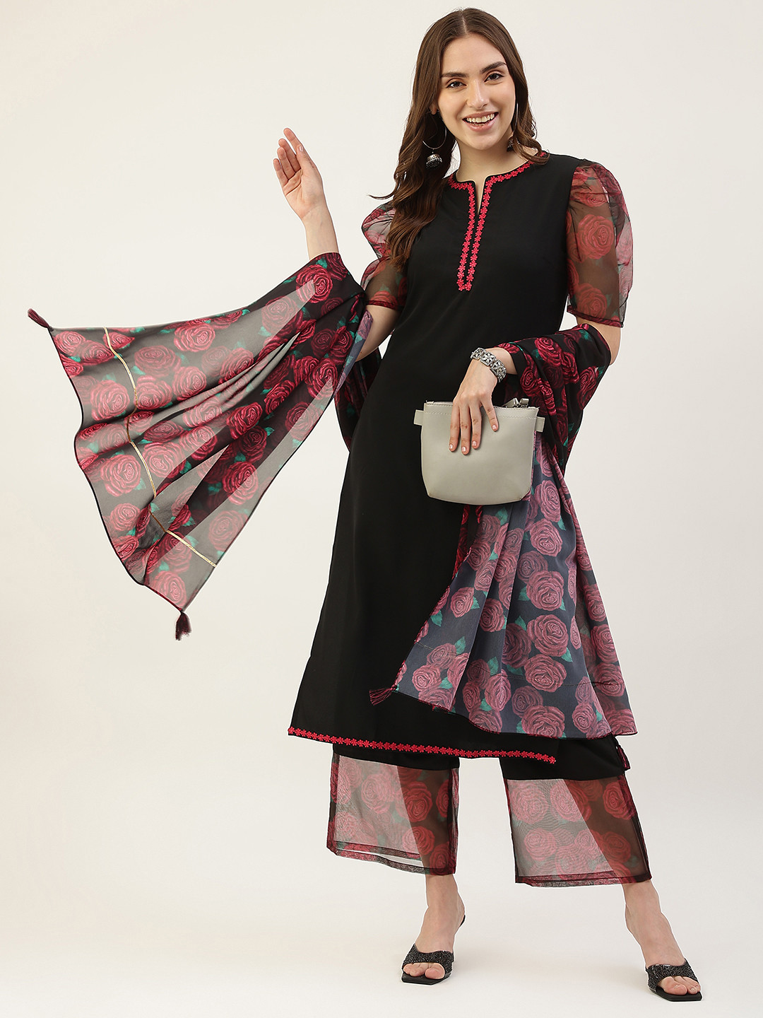 FIORRA - Kurta Crepé Con Pantalón Y Dupatta Para Mujer, Negro