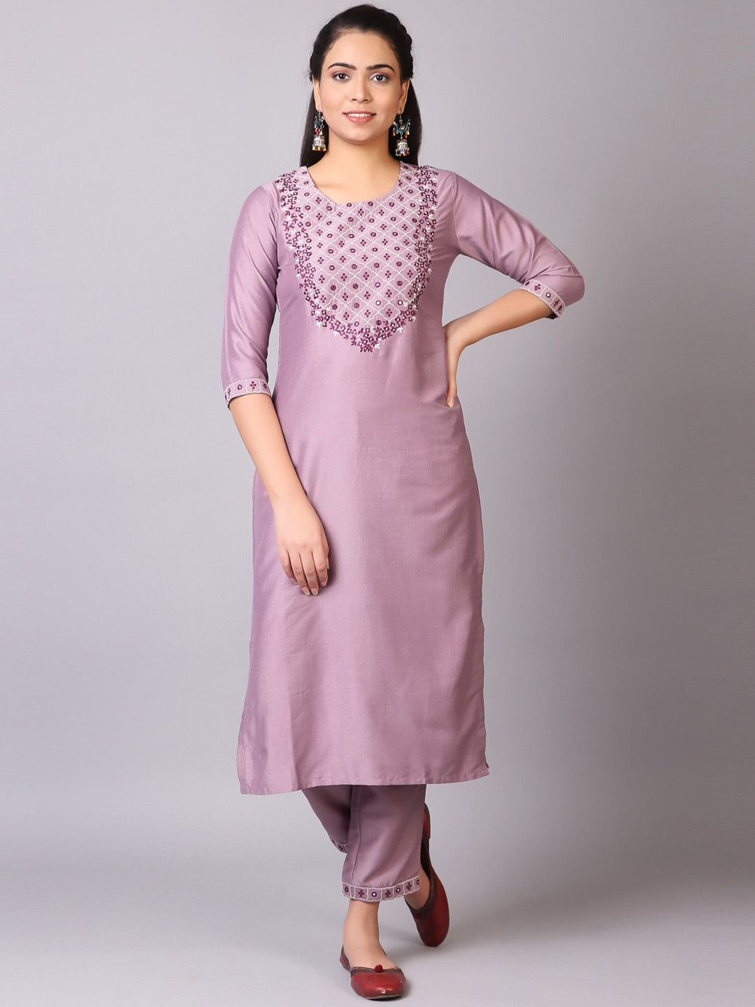 Women’s Red Yoke Design Kurta with Palazzos & Dupatta Set | Elegant Art Silk Ethnic Wear