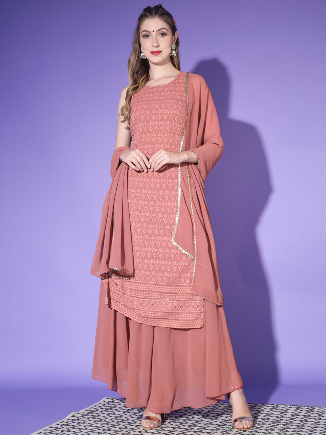 Women Ethnic Motifs Embroidered Regular Chikankari Kurta with Trousers