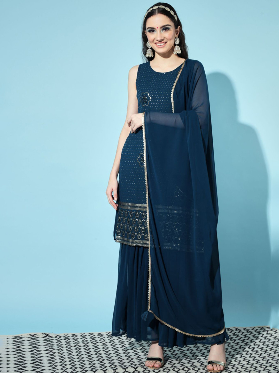 Women Ethnic Motifs Printed Sequinned Detail Straight Kurta & Palazzos With Dupatta main image 0