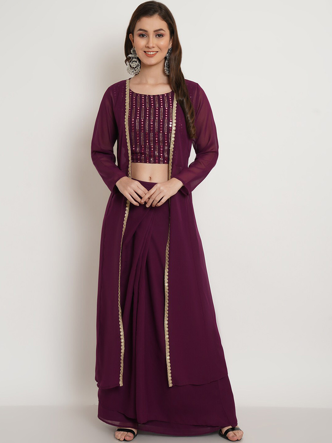 Women's Solid Kaftan Mirror Work Purple Kurta Set