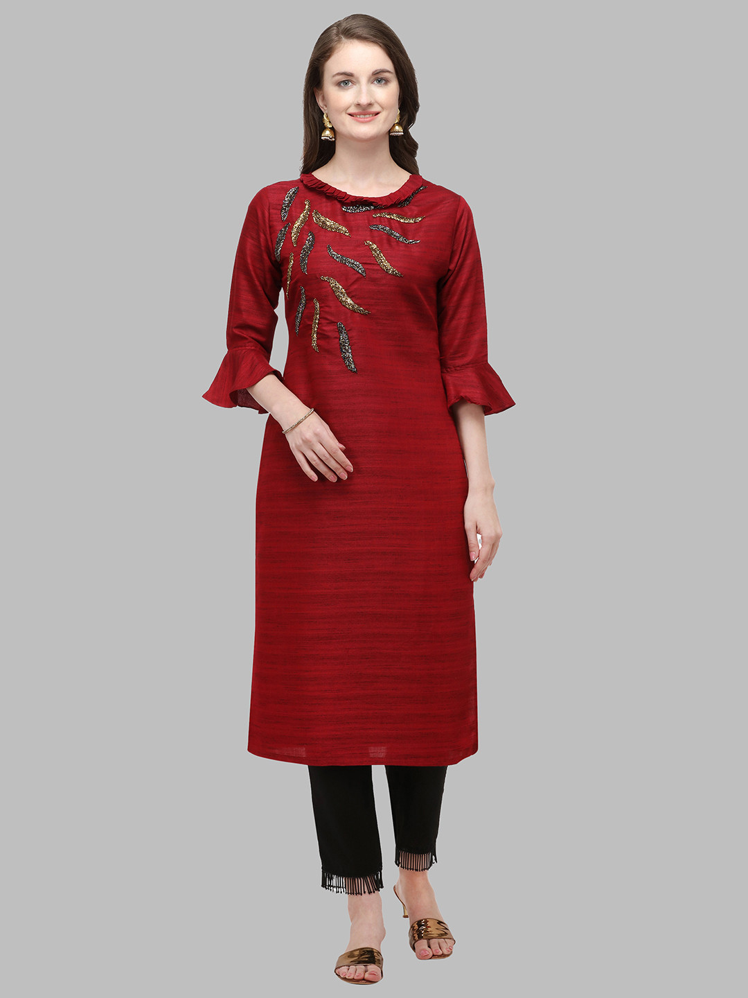 Women's Beige Floral Printed Beads and Stones Straight Kurta Set